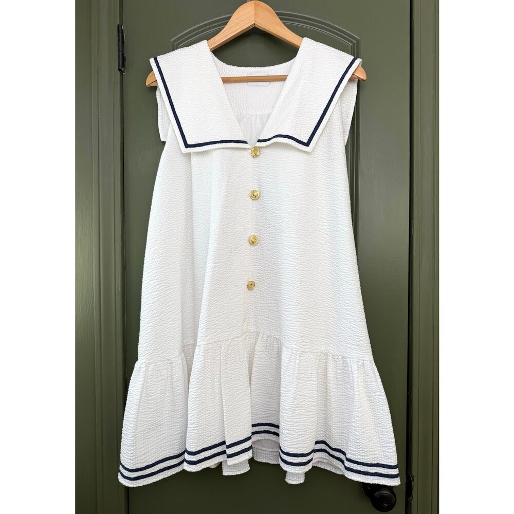 NWT Saylor Breton Seersucker Sailor Mini Dress Nautical Resort White Navy Small